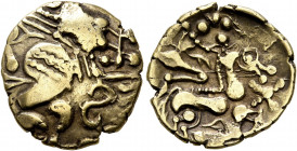 NORTHWEST GAUL. Aulerci Eburovices. 2nd to early 1st century BC. Half Stater (Gold, 19 mm, 3.16 g, 9 h). Celticized male head with Ƨ-shaped ear to lef...