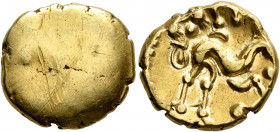 NORTHEAST GAUL. Ambiani. Circa 60-30 BC. Stater (Gold, 17 mm, 6.27 g), 'statére uniface' type. Irregular blank convex surface. Rev. Celticized horse g...