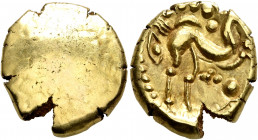 NORTHEAST GAUL. Ambiani. Circa 60-30 BC. Stater (Gold, 17 mm, 6.09 g), 'statére uniface' type. Irregular blank convex surface. Rev. Celticized horse g...