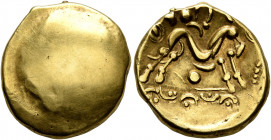 NORTHEAST GAUL. Ambiani. Circa 60-30 BC. Stater (Gold, 18 mm, 6.00 g), 'statére uniface' type. Irregular blank convex surface. Rev. Celticized horse g...