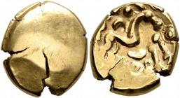 NORTHEAST GAUL. Ambiani. Circa 60-30 BC. Stater (Gold, 17 mm, 5.78 g), 'statére uniface' type. Irregular blank convex surface. Rev. Celticized horse g...