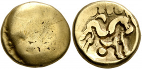 NORTHEAST GAUL. Ambiani. Circa 60-30 BC. Stater (Gold, 16 mm, 5.92 g), 'statére uniface' type. Irregular blank convex surface. Rev. Celticized horse g...