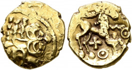 NORTHEAST GAUL. Ambiani. Circa 60-30 BC. 1/4 Stater (Gold, 12 mm, 1.41 g, 11 h), 'au petit serpent cornu' type. Devolved and disjointed laureate male ...