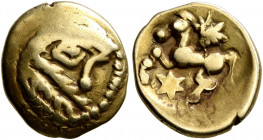 NORTHEAST GAUL. Bellovaci. Circa 60-30/25 BC. Quarter Stater (Gold, 12 mm, 1.44 g, 9 h). Devolved and disjointed male head to right, with prominent no...