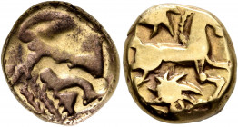 NORTHEAST GAUL. Bellovaci. Circa 60-30/25 BC. Stater (Gold, 15 mm, 5.77 g), 'à l'astre' type. Devolved and disjointed male head to right, with promine...