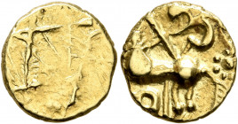 NORTHEAST GAUL. Nervii. 2nd century BC. Quarter Stater (Gold, 13 mm, 2.00 g), 'à la lyre' type. Several diagonal lines at various angles. Rev. Devolve...