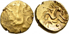 NORTHEAST GAUL. Suessiones. Late 2nd to mid 1st century BC. Stater (Gold, 16 mm, 6.23 g, 3 h), 'à l'oeil' type. Devolved laureate head of Apollo to ri...