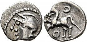 CENTRAL GAUL. Aedui. Circa 80-50 BC. Quinarius (Silver, 14 mm, 1.91 g, 9 h). Helmeted head of Roma to left. Rev. Celticized horse galloping left; abov...