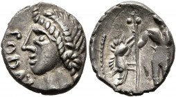 CENTRAL GAUL. Aedui. Circa 60-30 BC. Quinarius (Silver, 14 mm, 1.59 g, 7 h), Lucios. LVCIOS Male head to left. Rev. Warrior standing facing, holding s...