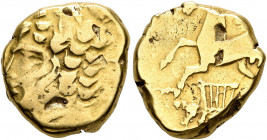 CENTRAL GAUL. Arverni. Late 2nd-early 1st century BC. Stater (Electrum, 17 mm, 7.41 g, 4 h), 'à l'étenard et à la lyre' type. Celticized laureate male...