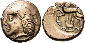 CENTRAL GAUL. Pictones. Circa 100-50 BC. Stater (Electrum, 18 mm, 6.31 g, 3 h), 'tête à gauche, de la main' type. Celticized male head to left, with s...