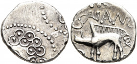 CENTRAL GAUL. Sequani. 1st century BC. Quinarius (Silver, 14 mm, 1.91 g, 10 h). Male head with curly hair to left. Rev. [S]EQVANO[IOTVOS] Boar standin...