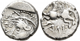 CENTRAL GAUL. Sequani. 1st century BC. Quinarius (Silver, 12 mm, 2.01 g, 4 h). Q D[OCI] Celticized head of Roma to left. Rev. [Q DOCI] / S AM F Horse ...