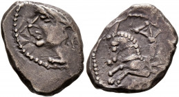 SOUTHERN GAUL. Allobroges. Circa 100-75 BC. Drachm (Silver, 15 mm, 2.33 g, 3 h), 'à l'hippocampe' type. Helmeted head of Mars to left. Rev. Hippocamp ...
