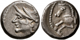 SOUTHERN GAUL. Allobroges. Circa 100-75 BC. Drachm (Silver, 12 mm, 2.39 g, 3 h), 'à l'hippocampe' type. Helmeted head of Mars to left. Rev. Hippocamp ...