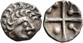CENTRAL EUROPE. Vindelici. Early 1st century BC. Quinarius (Silver, 14 mm, 1.05 g), 'Kreuzquinar', 'Schönaich II' type. Celticized male head to right ...
