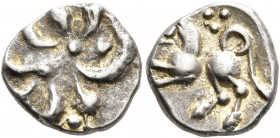 CENTRAL EUROPE. Vindelici. Mid 1st century BC. Quinarius (Silver, 13 mm, 1.79 g), 'Büschelquinar' type. Head devolved into a bush. Rev. Horse gallopin...