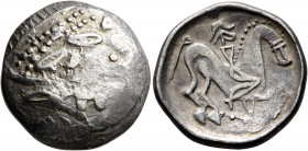 CARPATHIAN REGION. Uncertain tribe. Circa 2nd century BC. Tetradrachm (Silver, 26 mm, 13.42 g, 12 h), 'Kinnlos' type. Celticized laureate head of Zeus...
