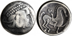 CARPATHIAN REGION. Uncertain tribe. Circa 2nd century BC. Tetradrachm (Silver, 24.5 mm, 15.00 g, 4 h), 'Kinnlos' type. Celticized laureate and diademe...