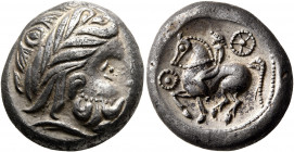 MIDDLE DANUBE. Uncertain tribe. 2nd century BC. Tetradrachm (Silver, 20 mm, 11.62 g, 12 h), 'Zangenlorbeer' type. Imitating Philip II of Macedon. Celt...