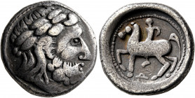 MIDDLE DANUBE. Uncertain tribe. 2nd century BC. Tetradrachm (Silver, 23.5 mm, 12.24 g, 11 h), 'Ohrlocke' type. Celticized laureate head of Zeus to rig...