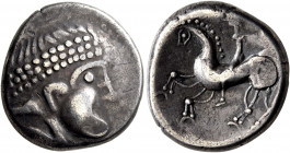 MIDDLE DANUBE. Uncertain tribe. 2nd century BC. Tetradrachm (Silver, 21.5 mm, 10.08 g, 6 h), 'Velemer ohne Gesichtsrand' type. Celticized beardless an...