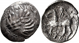 MIDDLE DANUBE. Uncertain tribe. 2nd century BC. Drachm (Silver, 20 mm, 2.78 g, 3 h), 'Kreuzelreiter' type. Celticized laureate head of Zeus to right. ...