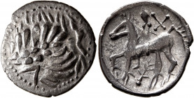 MIDDLE DANUBE. Uncertain tribe. 2nd century BC. Drachm (Silver, 20 mm, 3.20 g, 10 h), 'Kreuzelreiter' type. Celticized laureate head of Zeus to right....