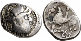 MIDDLE DANUBE. Uncertain tribe. 2nd-1st centuries BC. Tetradrachm (Silver, 25 mm, 12.89 g, 11 h), 'Kapostal' type. Celticized laureate head of Zeus to...