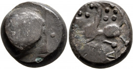 MIDDLE DANUBE. Uncertain tribe. 2nd-1st centuries BC. Tetradrachm (Bronze, 16 mm, 4.00 g), 'Buckelavers' type. Plain bulge. Rev. Celticized horse pran...