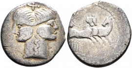 MIDDLE DANUBE. Eravisci. Mid to late 1st century BC. Denarius (Silver, 18 mm, 2.54 g, 11 h), imitating a Roman Republican denarius. Head of Janus; abo...
