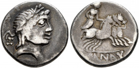 MIDDLE DANUBE. Eravisci. Mid to late 1st century BC. Denarius (Silver, 18 mm, 4.48 g, 12 h), imitating a Roman Republican Denarius. Laureate male head...