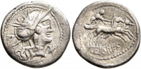 MIDDLE DANUBE. Eravisci. Mid to late 1st century BC. Denarius (Silver, 20 mm, 4.07 g, 11 h), imitating a Roman Republican denarius. Head of Roma to ri...
