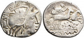 MIDDLE DANUBE. Eravisci. Mid to late 1st century BC. Denarius (Silver, 19 mm, 4.21 g, 12 h), imitating a Roman Republican denarius. Head of Roma to ri...