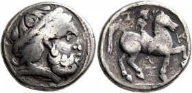 LOWER DANUBE. Uncertain tribe. 3rd century BC. Tetradrachm (Silver, 25 mm, 14.08 g, 2 h), 'Birnenscheitel' type, imitating Philip II of Macedon. Laure...