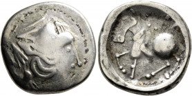 LOWER DANUBE. Uncertain tribe. Circa 2nd century BC. Tetradrachm (Subaeratus, 23 mm, 8.69 g, 9 h), 'Sattelkopfpferd' type, imitating Philip II of Mace...