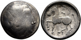 LOWER DANUBE. Uncertain tribe. Circa 2nd century BC. Tetradrachm (Silver, 23 mm, 6.99 g, 6 h), 'Sattelkopfpferd' type, imitating Philip II of Macedon....