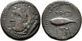 SPAIN. Gadir. 2nd century BC. AE (Bronze, 20 mm, 6.85 g, 6 h). Head of Herakles to left, wearing lion skin headdress. Rev. &#67852;&#67856;&#67855;&#6...