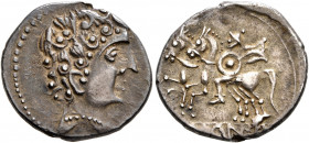 SPAIN. Ikalesken. Circa 150-100 BC. Denarius (Silver, 19 mm, 3.54 g, 12 h). Bare male head to right, wearing pearl necklace. Rev. 'IKALESKEN' (in Celt...