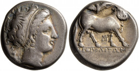CAMPANIA. Neapolis. Circa 320-300 BC. Didrachm or Nomos (Silver, 18 mm, 7.43 g, 10 h). Diademed head of a nymph to right, wearing earring and necklace...