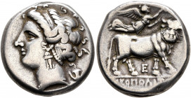 CAMPANIA. Neapolis. Circa 275-250 BC. Didrachm or Nomos (Silver, 20 mm, 7.35 g, 1 h). Diademed head of a nymph to left, wearing pendant earring and ne...