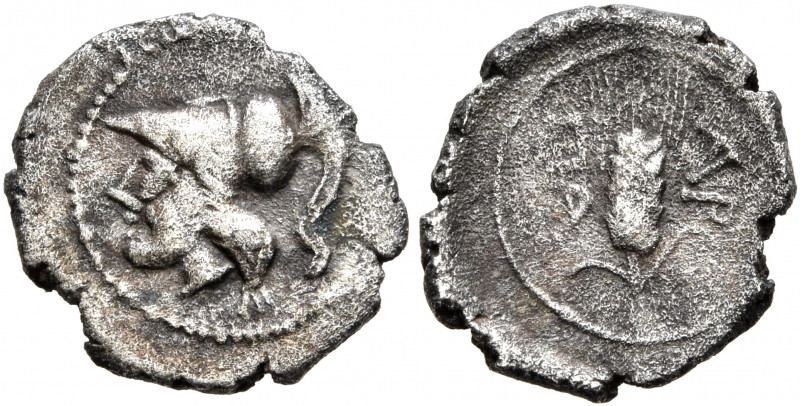 APULIA. Arpi. Circa 215-212 BC. Obol (Silver, 12 mm, 0.86 g, 1 h). Head of Athen...