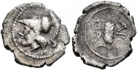 APULIA. Arpi. Circa 215-212 BC. Obol (Silver, 12 mm, 0.86 g, 1 h). Head of Athena to left, wearing crested Corinthian helmet. Rev. ΑΡ-ΠΑ Ear of barley...