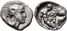 CALABRIA. Tarentum. Circa 380-325 BC. Diobol (Silver, 12 mm, 1.25 g, 3 h). Head of Athena to right, wearing crested Attic helmet adorned with a hippoc...