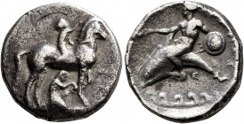 CALABRIA. Tarentum. Circa 340-335 BC. Didrachm or Nomos (Silver, 21 mm, 7.61 g, 8 h). Nude youth riding horse standing to right, raising his right han...