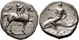 CALABRIA. Tarentum. Circa 330-325 BC. Didrachm or Nomos (Silver, 22 mm, 7.83 g, 4 h), Sim..., magistrate. Nude youth riding horse walking to right, ra...
