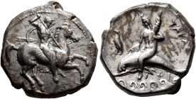 CALABRIA. Tarentum. Circa 325-280 BC. Didrachm or Nomos (Silver, 21 mm, 7.85 g, 7 h), Sim... and Phi..., magistrates. Nude rider on horse galloping to...