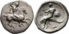 CALABRIA. Tarentum. Circa 315-302 BC. Didrachm or Nomos (Silver, 22 mm, 7.84 g, 3 h), Dai... and Phi..., magistrates. Nude, helmeted rider on horse ga...