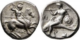 CALABRIA. Tarentum. Circa 315-302 BC. Didrachm or Nomos (Silver, 20 mm, 7.85 g, 7 h), Dai... and Phi..., magistrates. Nude, helmeted rider on horse ga...