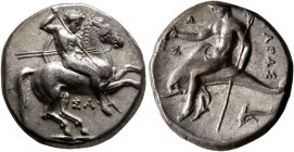 CALABRIA. Tarentum. Circa 315-302 BC. Didrachm (Silver, 20.5 mm, 7.89 g, 3 h), Sa..., magistrate. Nude rider on horse galloping to right, stabbing wit...